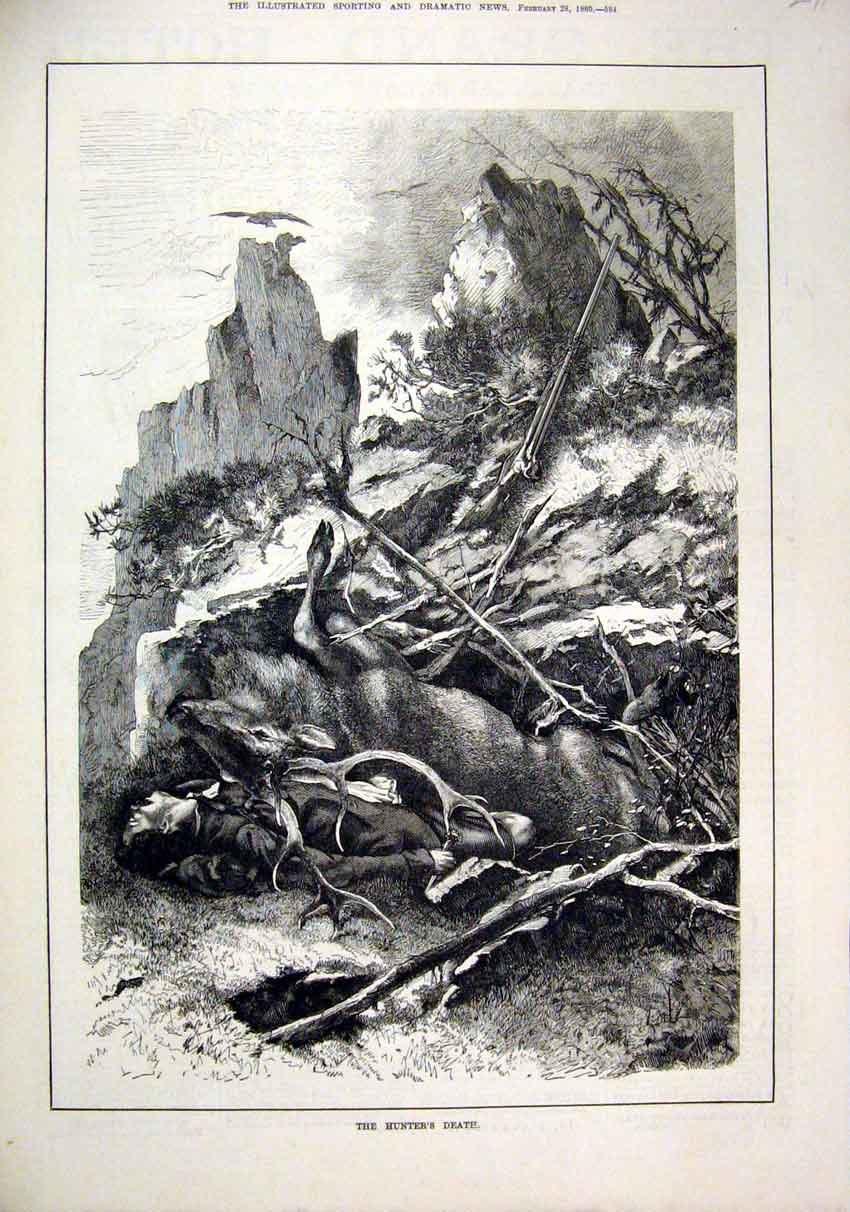 Original Old Antique Print Hunters Death 1880 Man Stag Lying Dead Fallen Cliffs