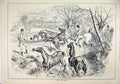 Original Old Antique Print Horses Jumping Falling Water 1883 Country Scene 19th