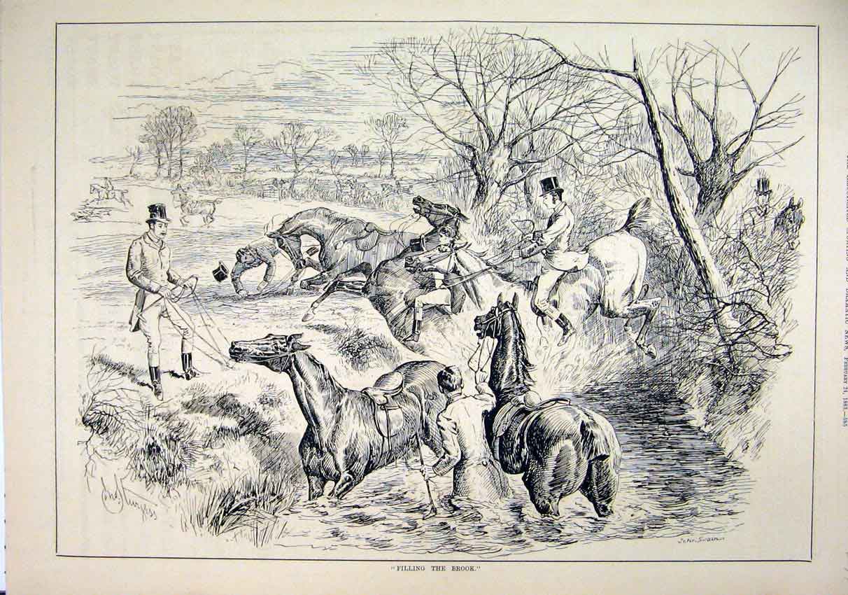 Original Old Antique Print Horses Jumping Falling Water 1883 Country Scene 19th