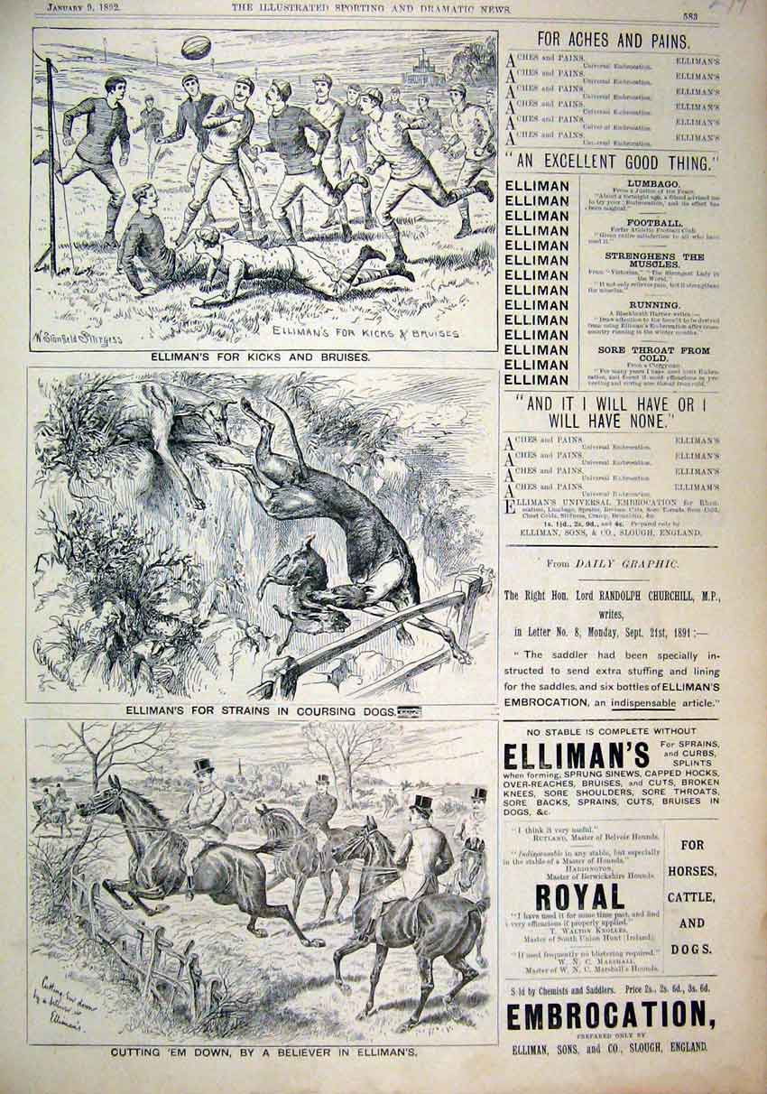 Original Old Antique Print 1892 Advert Ellimans Embrocation Sport Hunting Horse