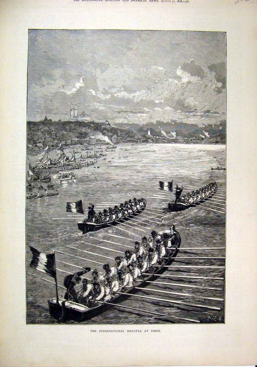 Old Antique Print 1878 International Regatta Paris France Boat Race River 19th