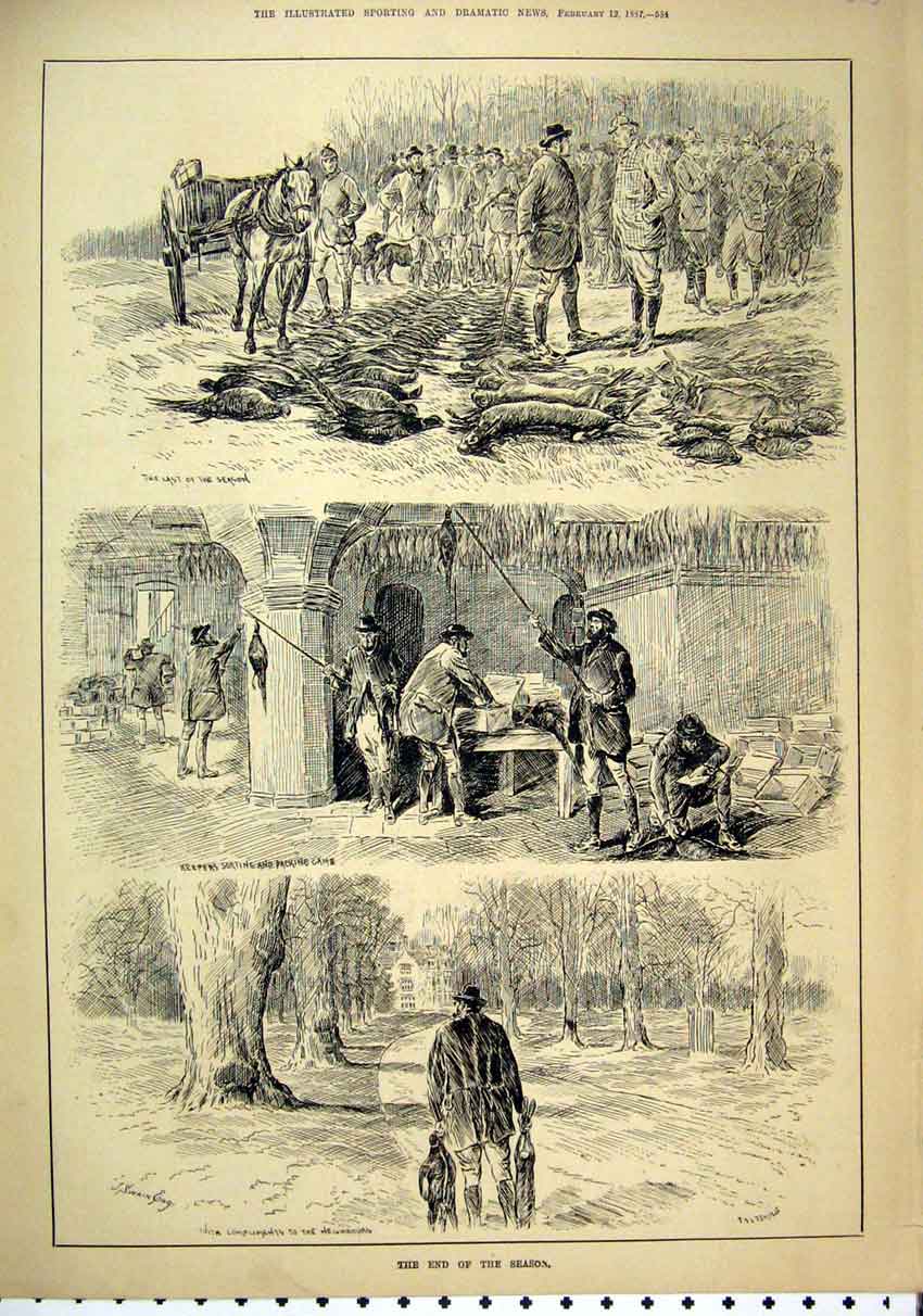 Old Antique Print 1887 Hunting Season Pheasant Rabbit Dead Keepers Horse 19th