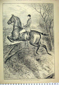 Original Old Antique Print 1887 Man Horse Jumping Big Fence Tree Country Scene