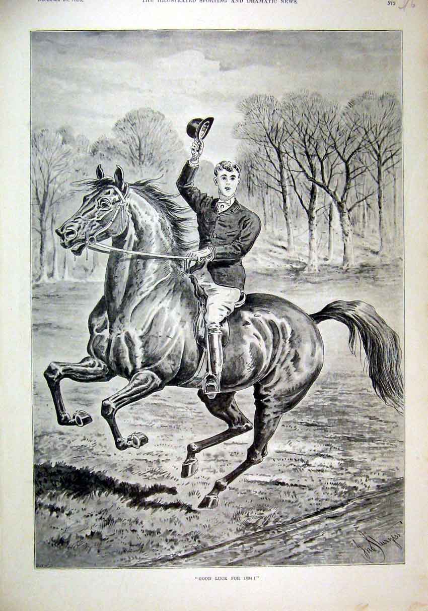 Original Old Antique Print 1893 Man Horse Salute Trees Country Scene Victorian