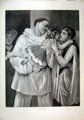 Original Old Antique Print 1893 Fancy Dress Man Woman Young Girl Goodnight Kiss