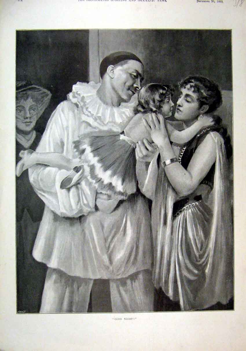 Original Old Antique Print 1893 Fancy Dress Man Woman Young Girl Goodnight Kiss