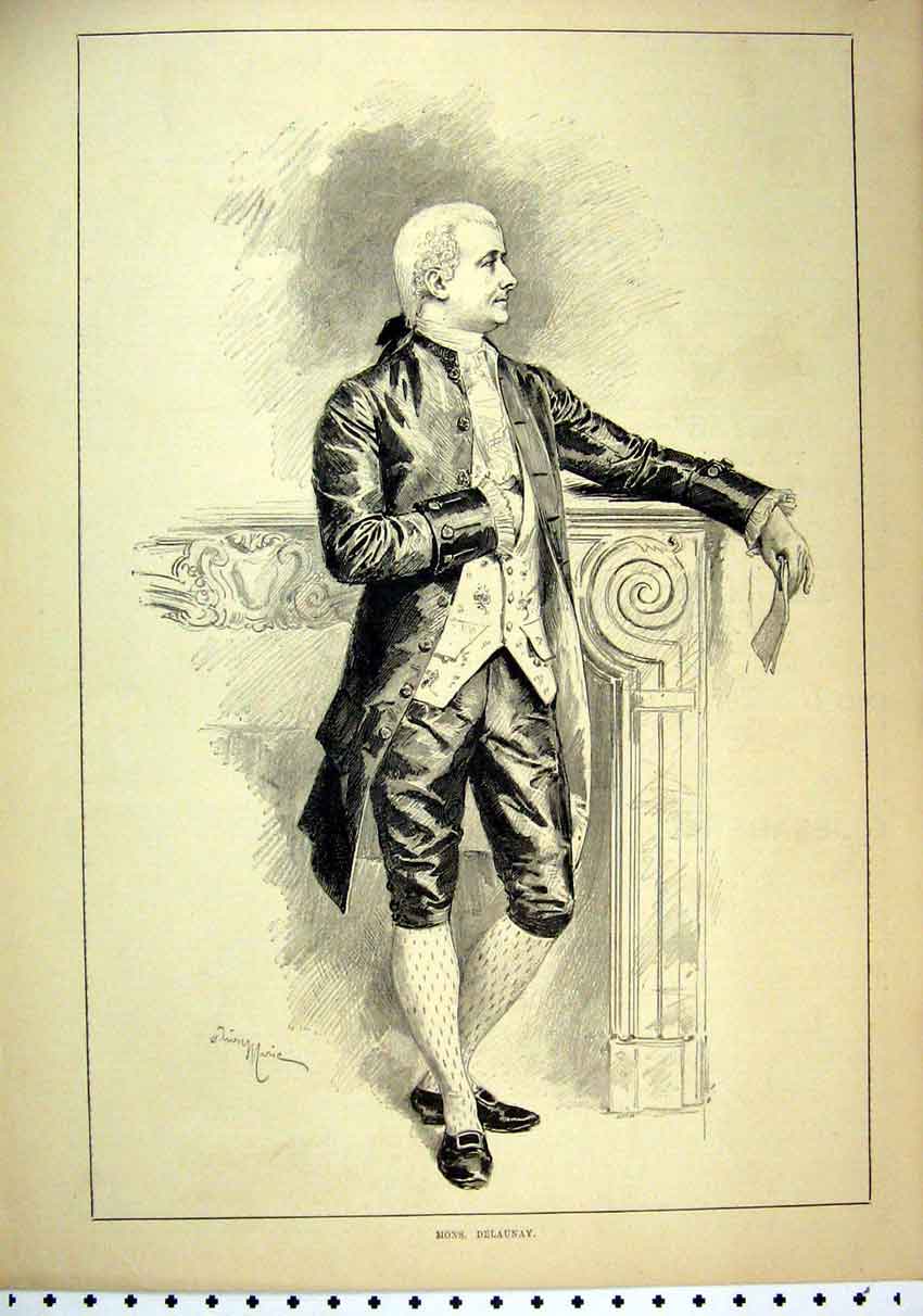 Original Old Antique Print 1887 Portrait Mons. Delaunay Man Carrying Letter 19th