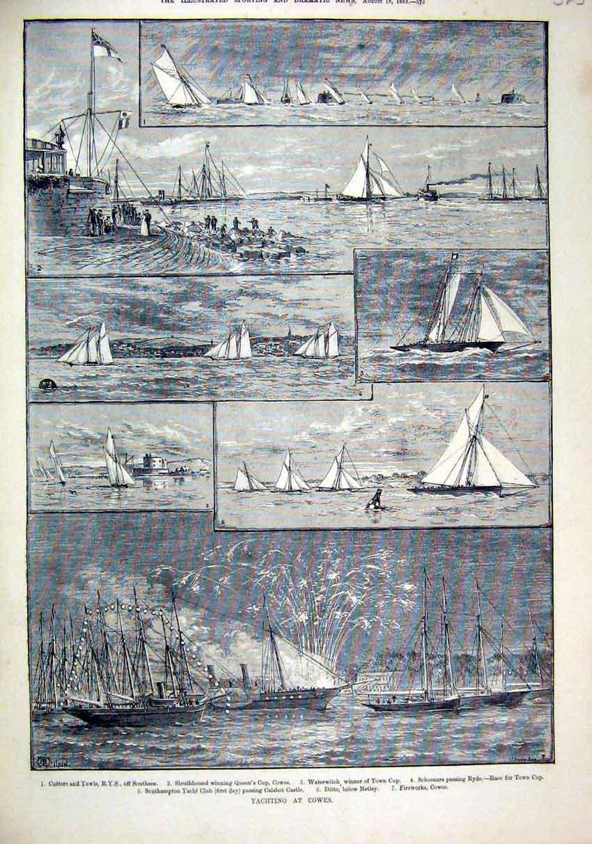 Original Old Antique Print 1883 Yachting Cowes Cutters Yawls Waterwitch Ditto