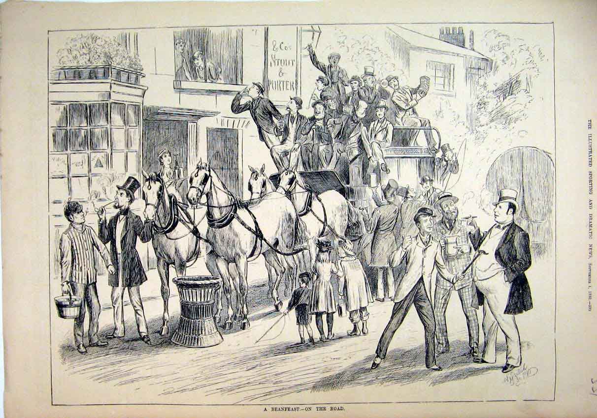 Original Old Antique Print Beanfeast Road 1880 Horses Carriage Smoking Street