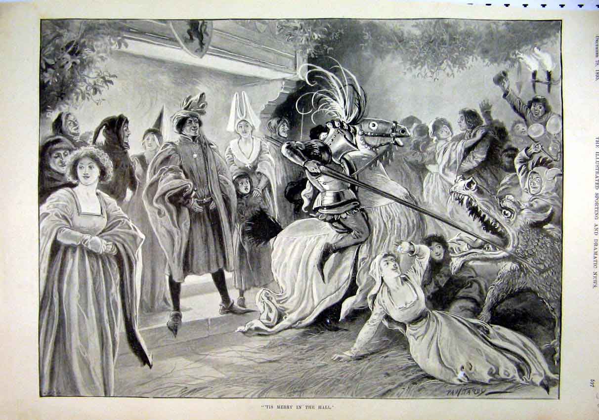 Original Old Antique Print 1895 Theatre Scene Merry Hall Dragon Horse Medieval