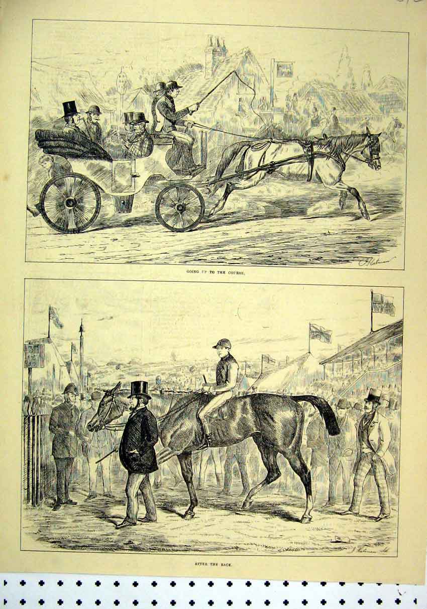 Original Old Antique Print 1875 Horse Racing Carriage Arriving Winner After Race