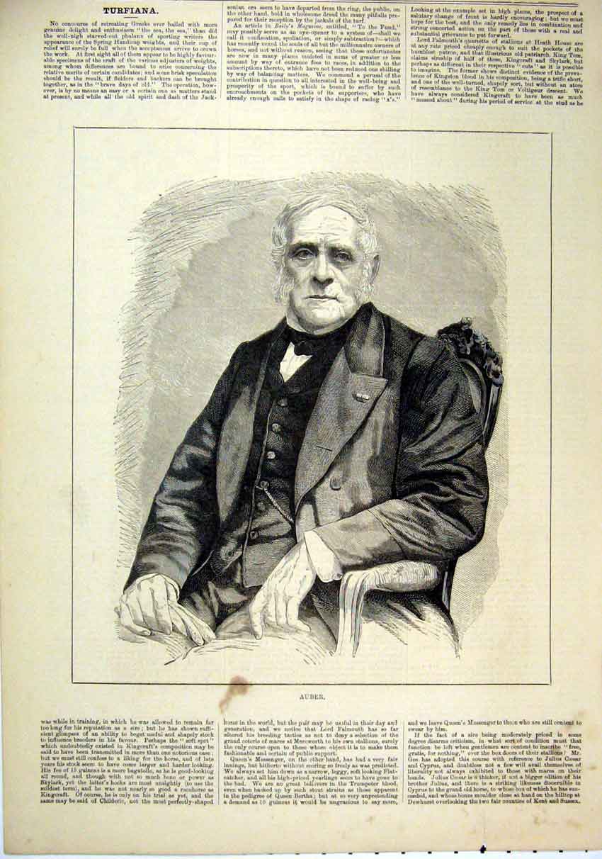 Original Old Antique Print 1882 Portrait Auber Man Sitting Chair 19th