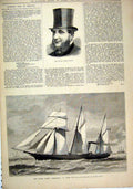 Original Old Antique Print 1880 Portrait Joseph Dawson Steam Yacht Pandora Sail