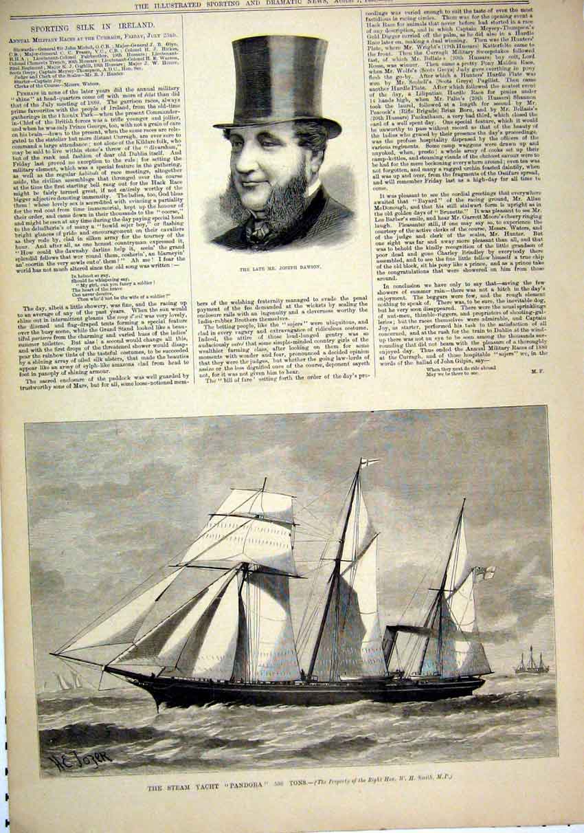 Original Old Antique Print 1880 Portrait Joseph Dawson Steam Yacht Pandora Sail