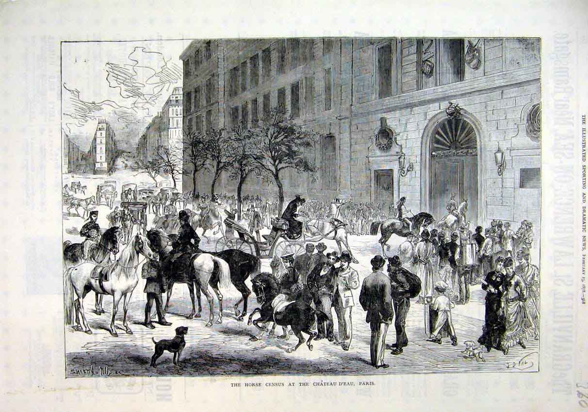 Original Old Antique Print Horse Census Chateau D'Eau Paris 1878 Street Scene