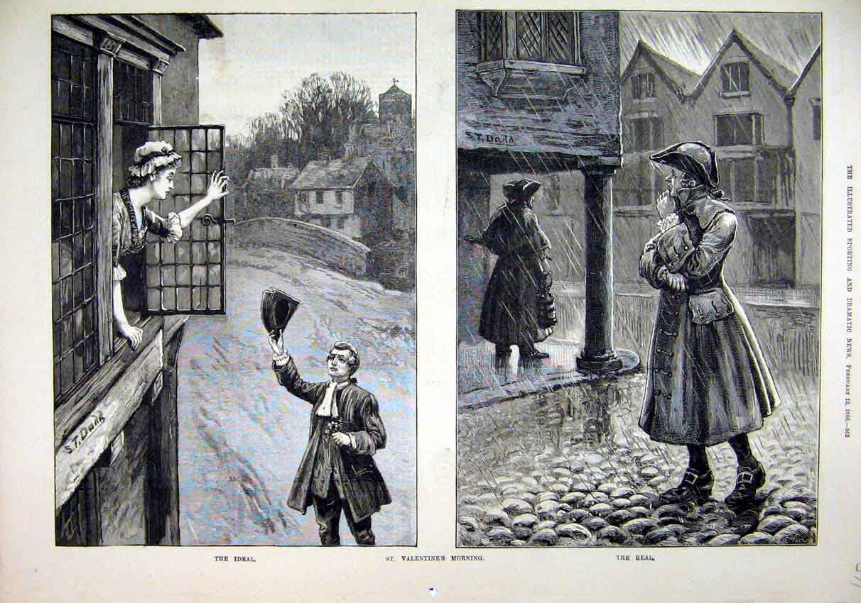 Original Old Antique Print 1886 Valentines Morning Woman Window Romance Rain