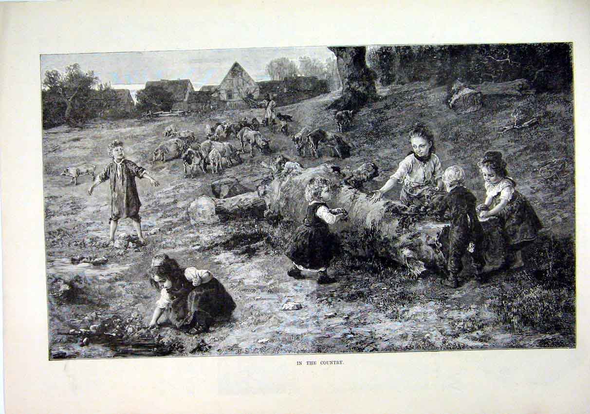 Old Antique Print Children Playing Country 1883 Tree Branch Pigs Fine Art 19th