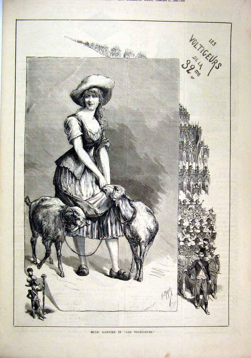 Original Old Antique Print 1880 Mlle Garnier Voltigeurs Theatre Woman Goats 19th