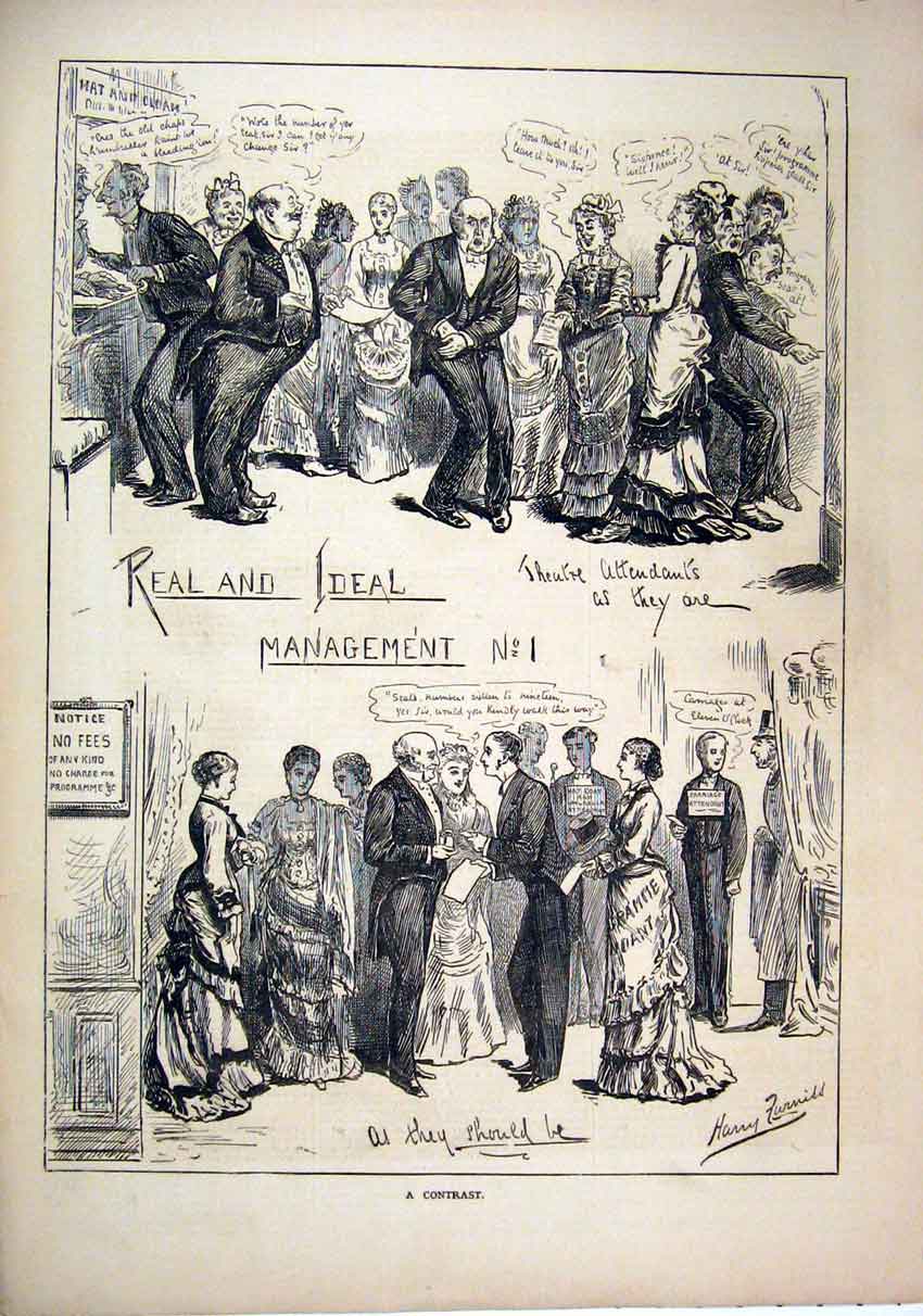 Original Old Antique Print 1877 Theatre Attendants Mangement Hat 19th