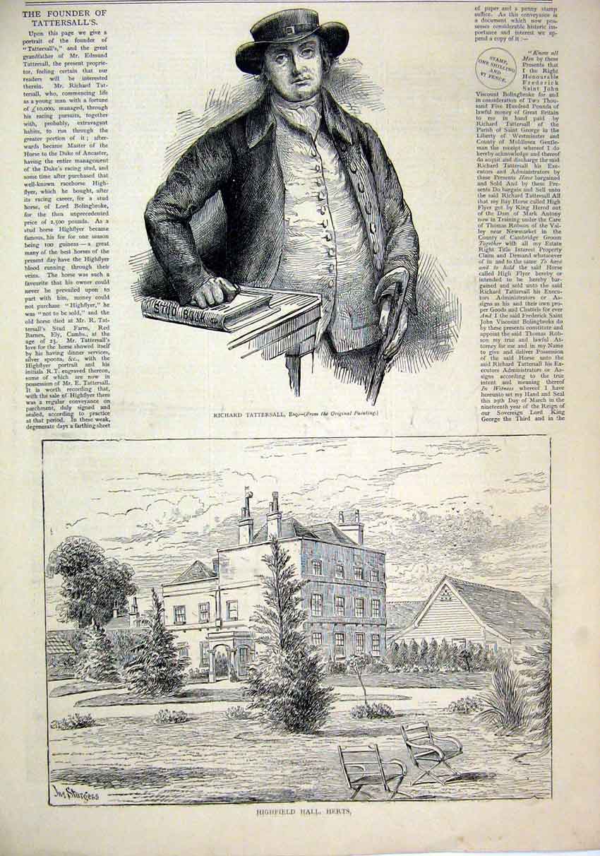 Original Old Antique Print 1876 Portrait Richard Tattersall Highfield Hall Herts