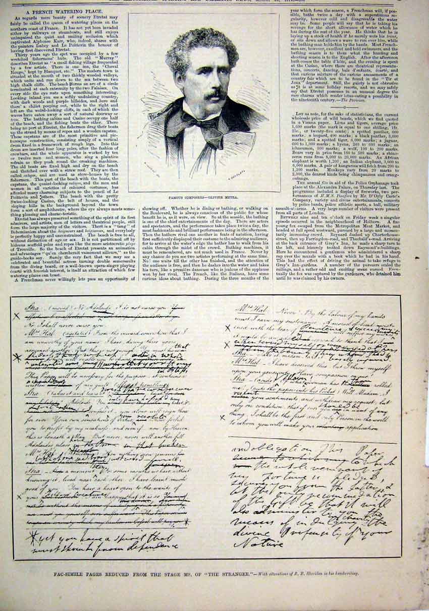 Old Antique Print 1879 Portrait Oliver Metra Composer Stranger Facsimile 19th