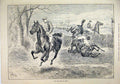 Original Old Antique Print 1887 Horses Jumping Hedge Jockey Falling Racing 19th