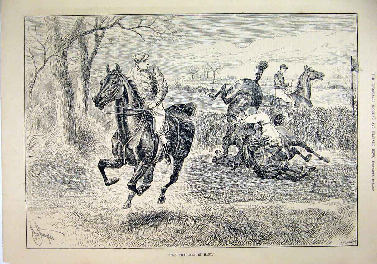 Original Old Antique Print 1887 Horses Jumping Hedge Jockey Falling Racing 19th