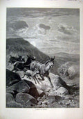 Original Old Antique Print Hunting Koulan 1895 Horses Cliff Nountain Scene 19th