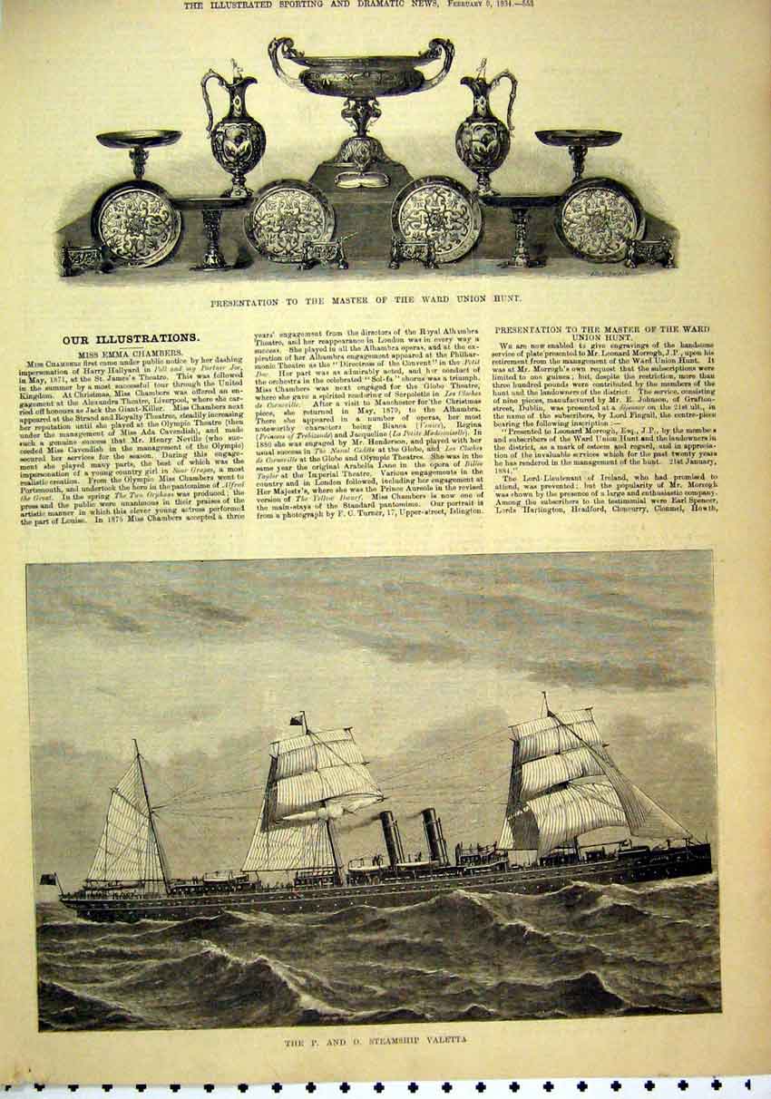 Original Old Antique Print 1884 Steamship Valetta P And O Cups Master Ward Hunt