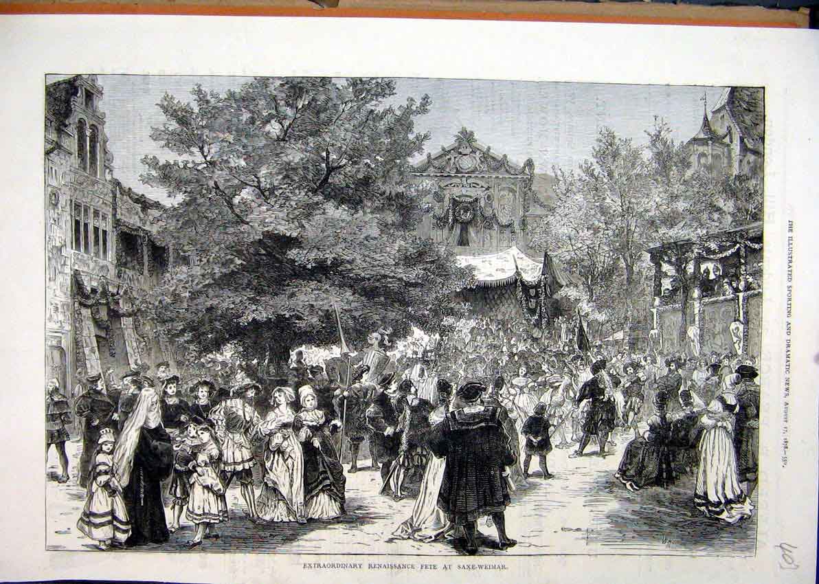 Original Old Antique Print 1878 Renaissance Fete Saxe-Weimar Family Street Scene