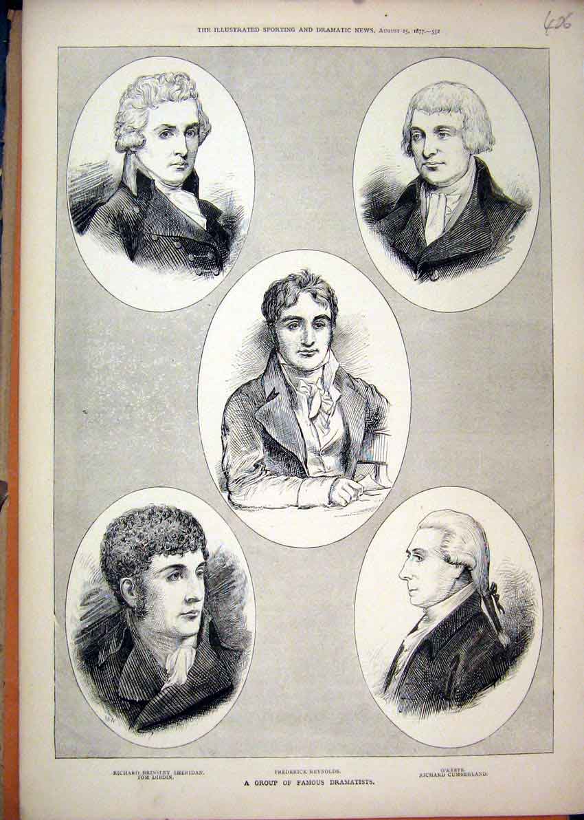 Original Old Antique Print Portrait Famous Dramatist 1877 Sheridan Reyns Keefe