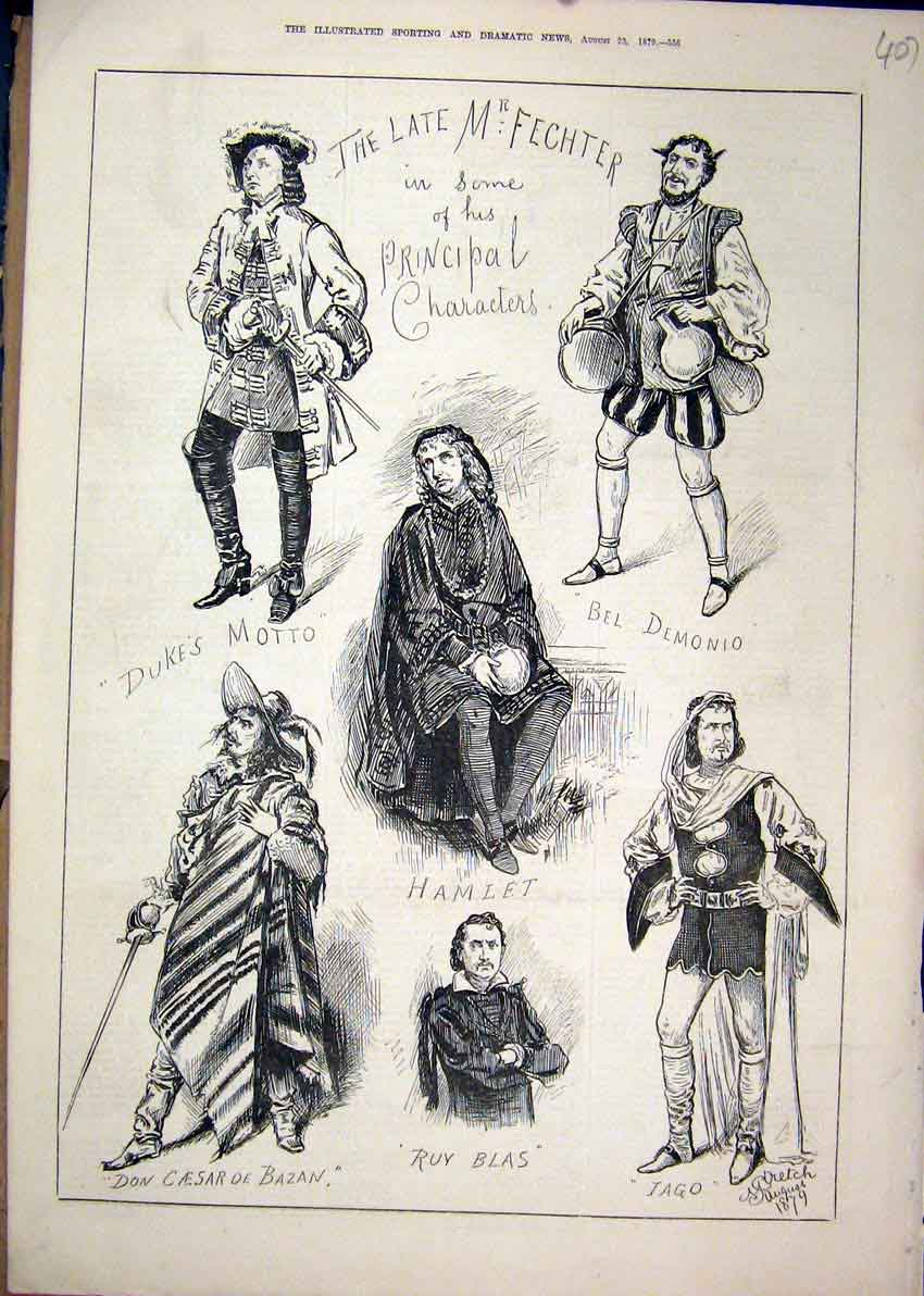 Old Antique Print 1879 Fechter Principal Characters Hamlet Tago Blas Bel 19th