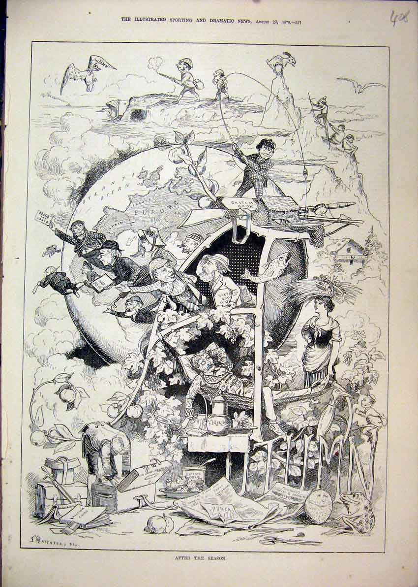 Original Old Antique Print 1879 After Hunting Season Comedy Sketches Gun Goat