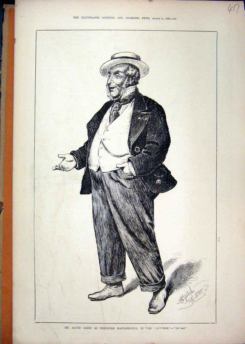 Original Old Antique Print 1880 David James Theodore Macclesfield Guvnor Theatre