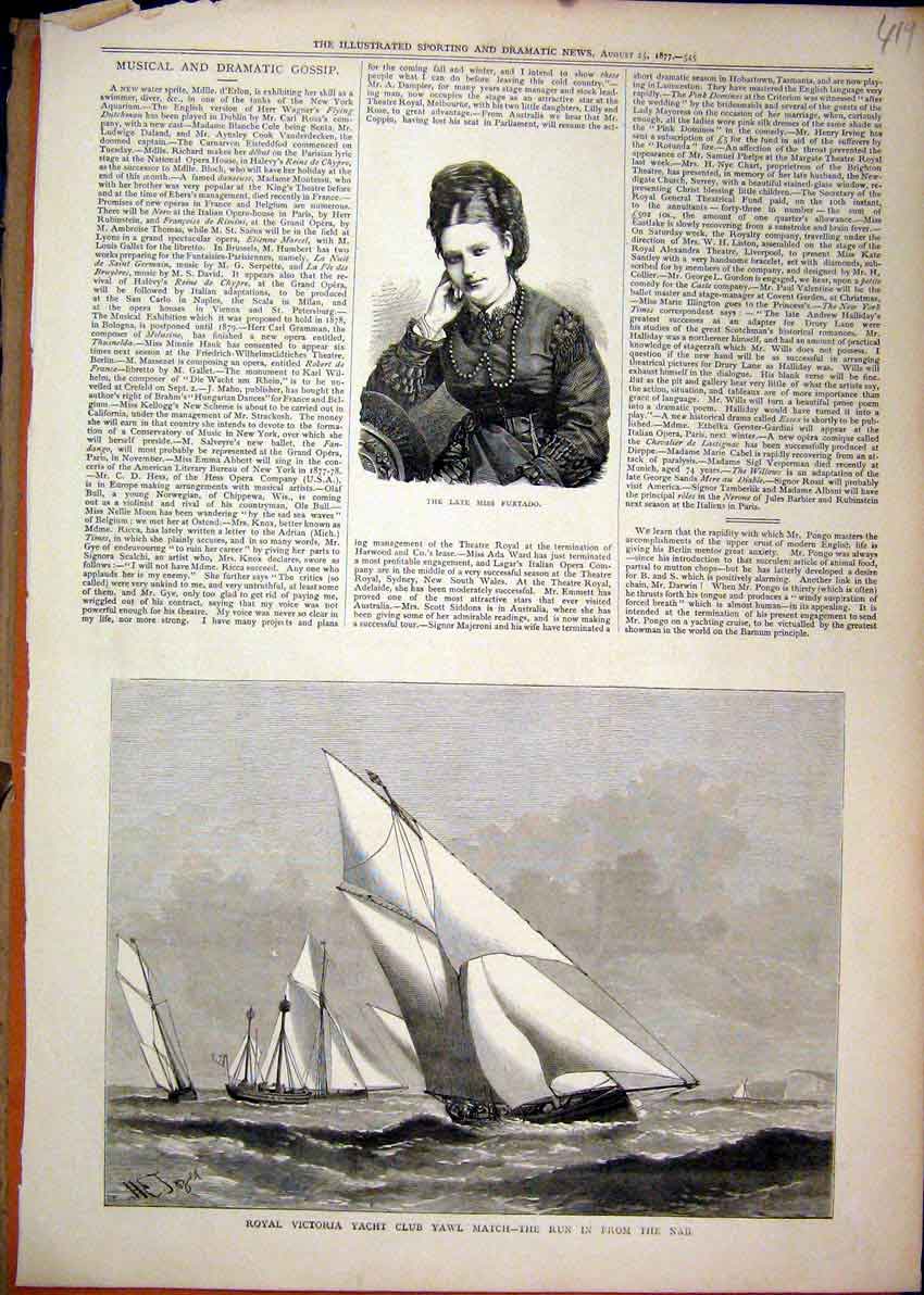 Original Old Antique Print 1877 Portrait Miss Furtado Royal Yacht Club Yaw Match
