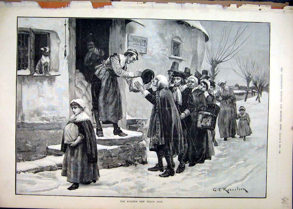 Original Old Antique Print 1891 Miller Flour Poor People Steet Scene Snow 19th
