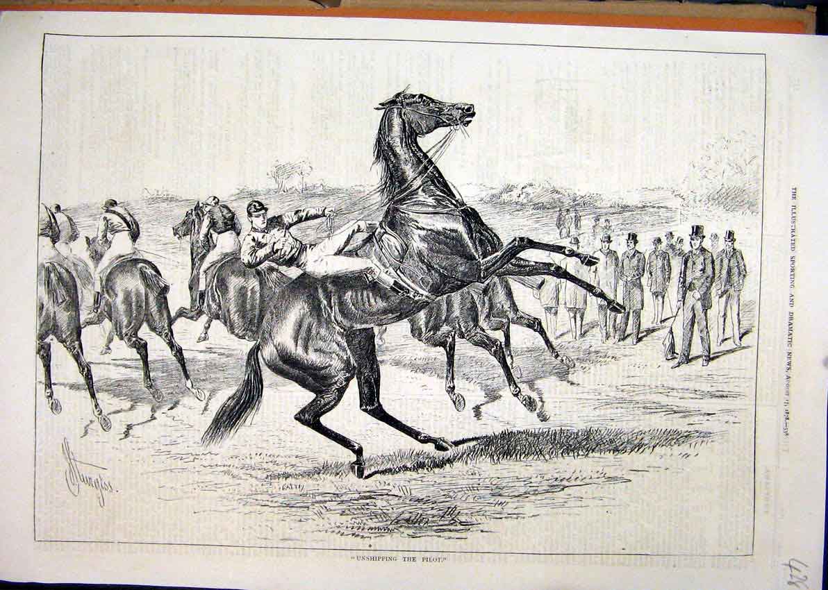 Original Old Antique Print 1878 Horse Rearing Falling Jockey Race Course 19th