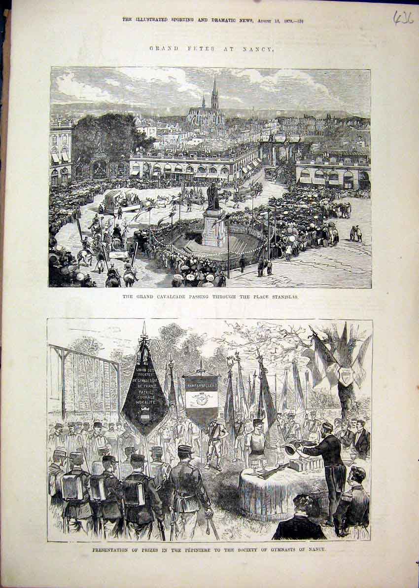 Original Old Antique Print Grand Cavalcade Place Stanislas 1879 Prizes Gymnast