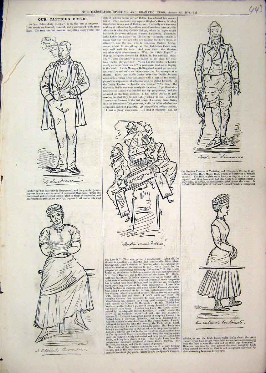 Original Old Antique Print 1879 Captions Women Men Stick Theatre 19th