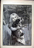 Original Old Antique Print 1893 Young Girl Hing Dog Country Scene Fine Art 19th