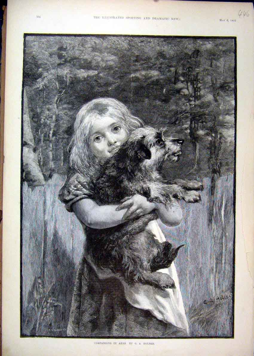 Original Old Antique Print 1893 Young Girl Hing Dog Country Scene Fine Art 19th