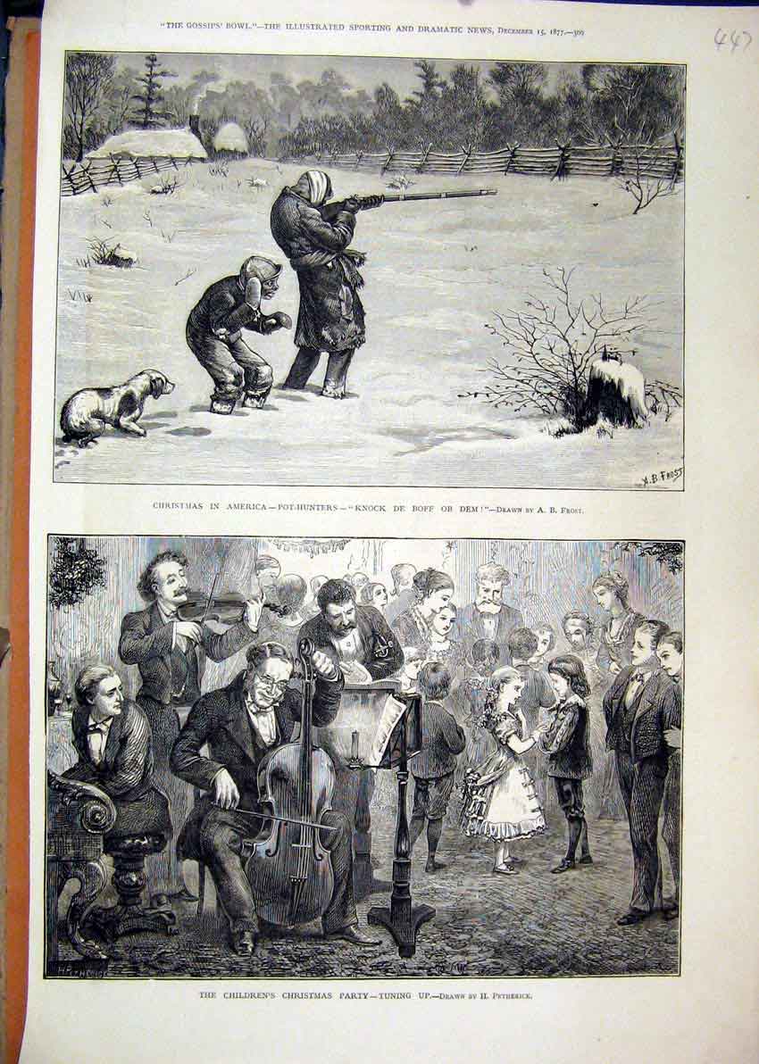 Old Antique Print 1877 Children Christmas Party Music Pot-Hunters America 19th