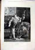 Original Old Antique Print 1878 Man Sitting Chair Playing Music Fine Art 19th