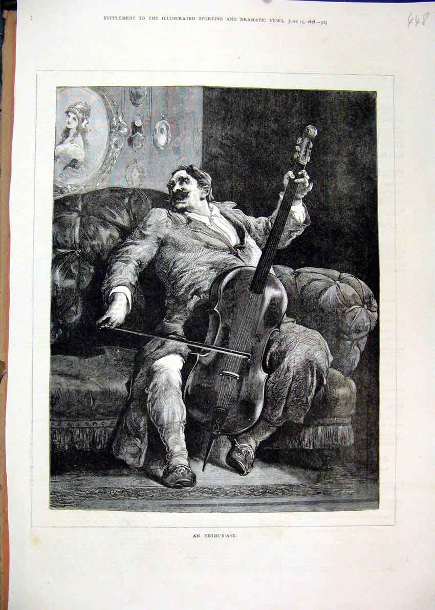 Original Old Antique Print 1878 Man Sitting Chair Playing Music Fine Art 19th
