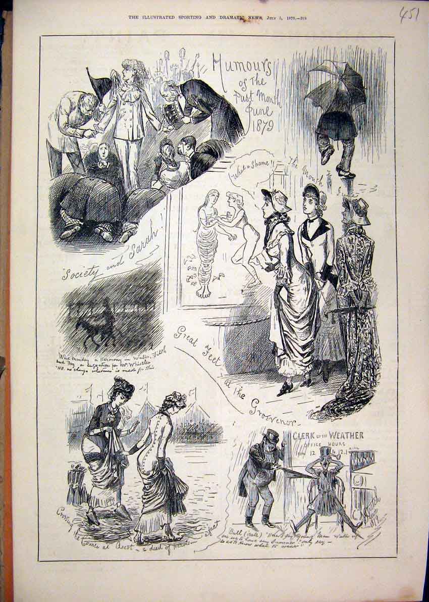 Old Antique Print Comedy Sketches 1879 Rain Umbrella Women Dresses Ascot 19th