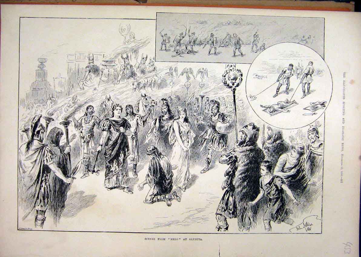 Original Old Antique Print 1889 Scenes Nero Olympia Theatre Romance Dead Fight