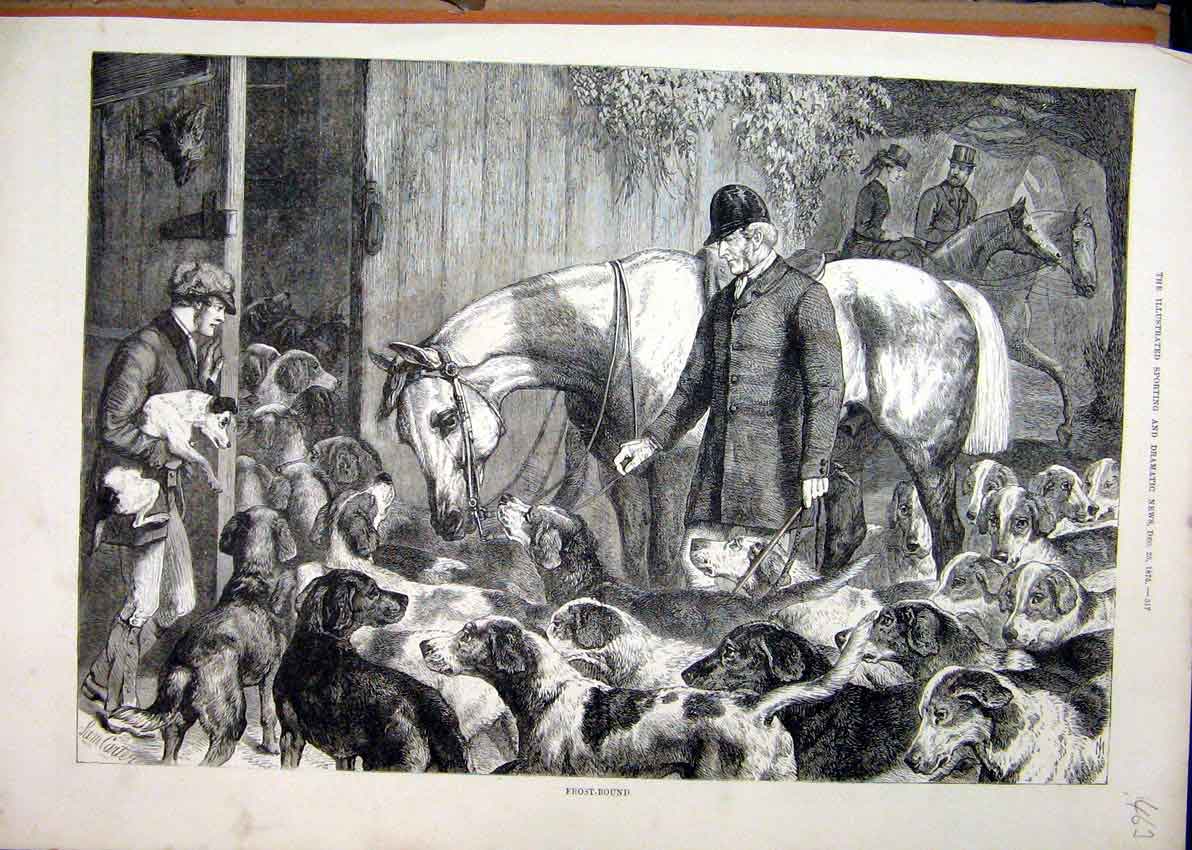 Original Old Antique Print 1875 Hunting Frost Dogs Horse Man Stable Victorian