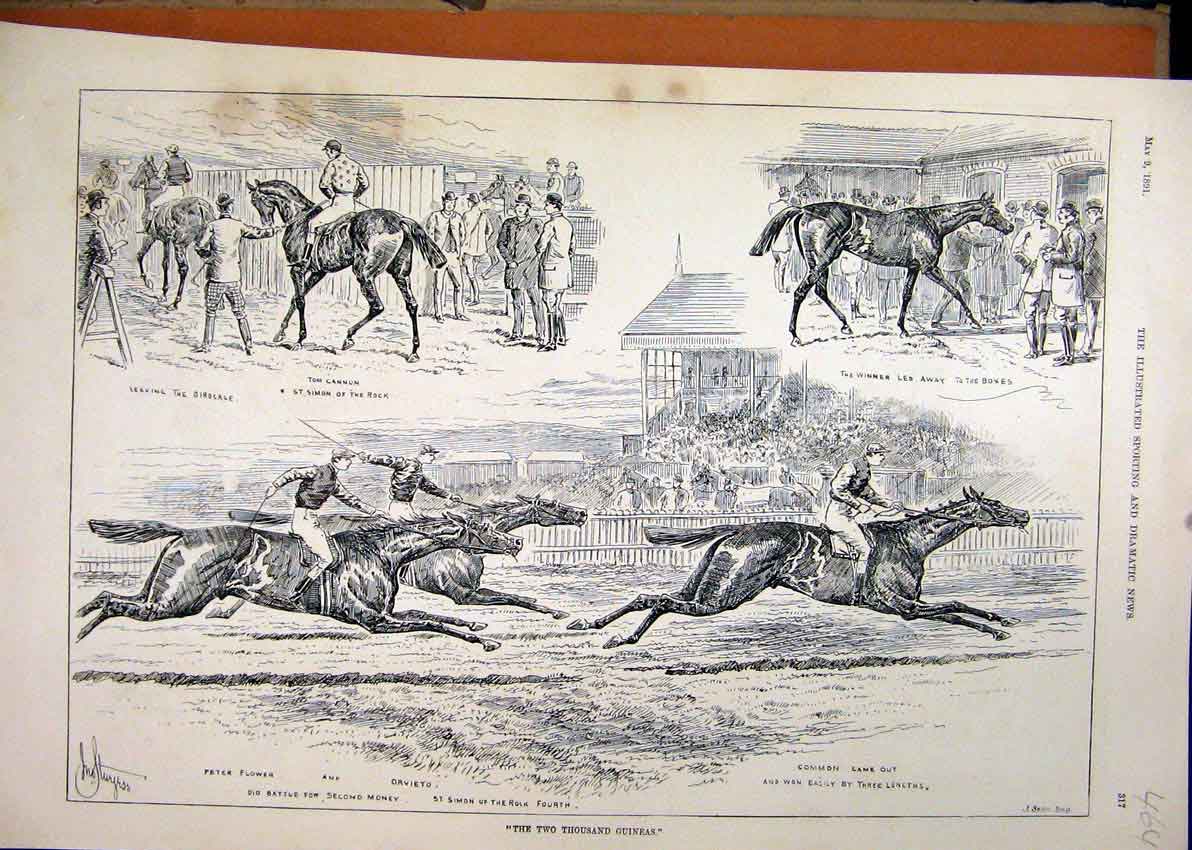 Original Old Antique Print 1891 Horse Racing Two Thousand Guineas Grand Stand