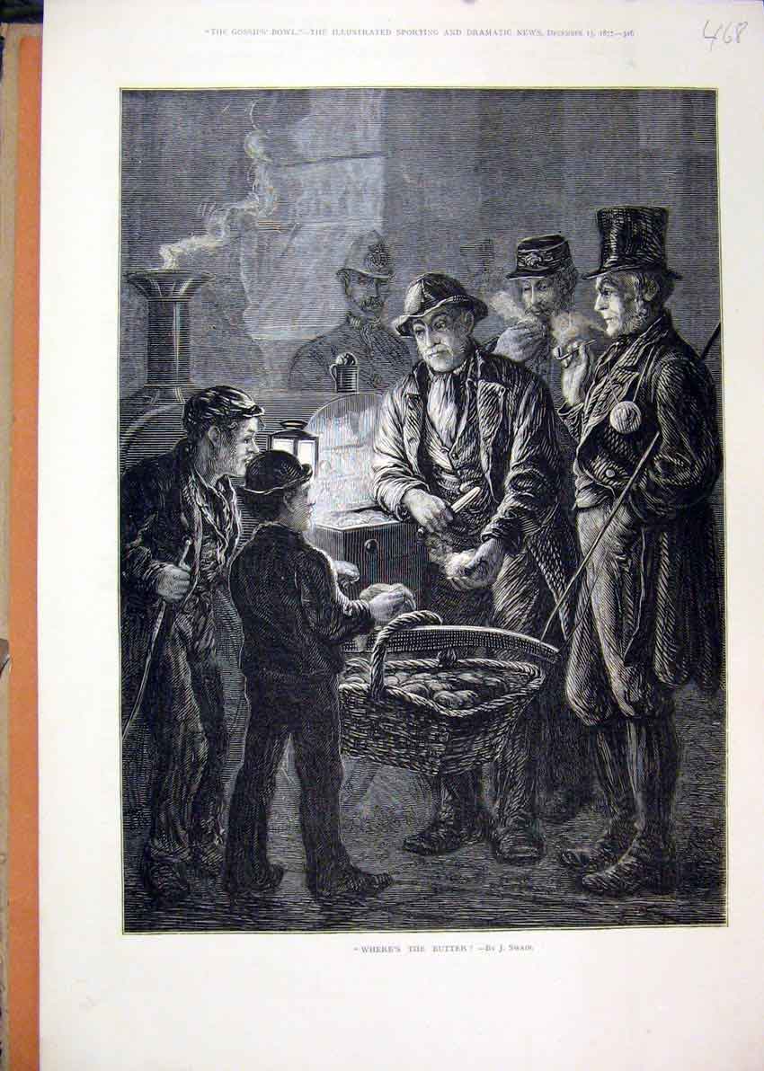 Original Old Antique Print Young Boy Bread Basket Men Smoking 1877 Fine Art 19th