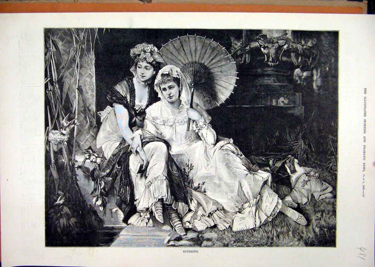 Original Old Antique Print 1883 Beautiful Women Parasol Bird Nest Fine Art 19th
